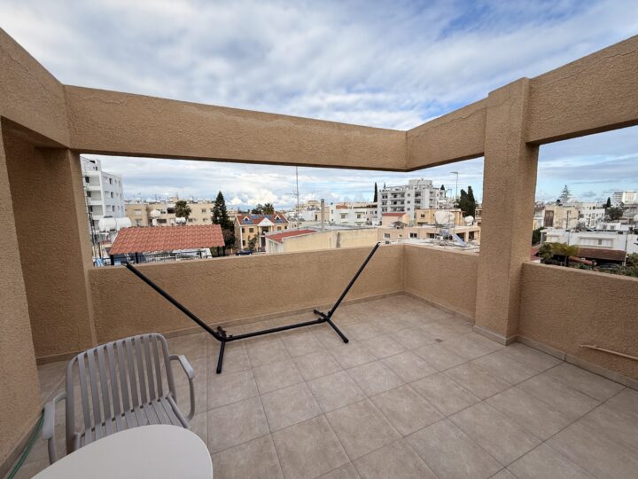 Large open terrace on a top-floor penthouse looking out over rooftops and trees